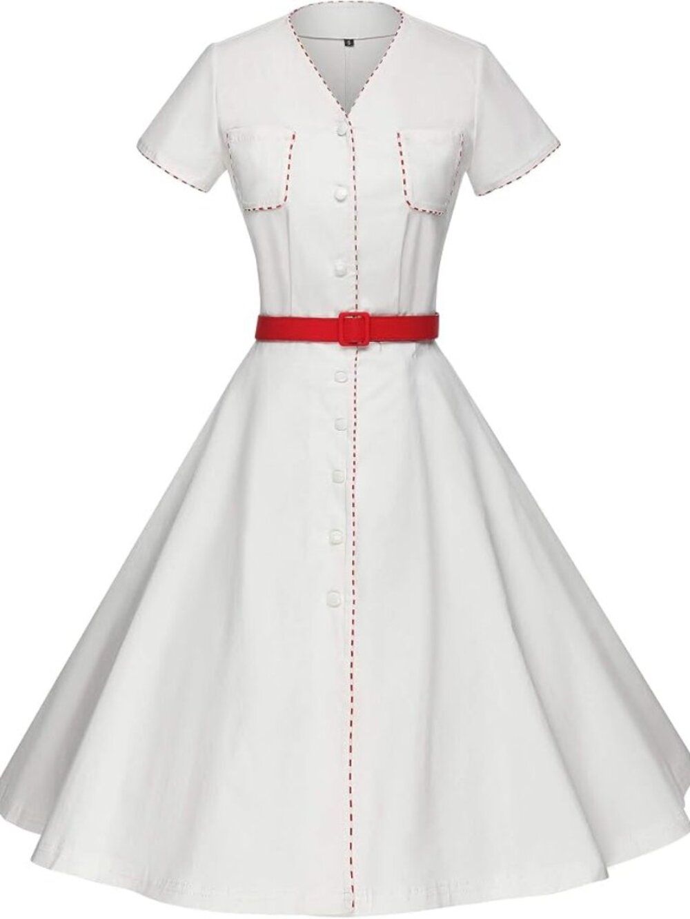Ivory 1950s Stretchy Rockabilly Swing Dress with Red Belt – Size XXL